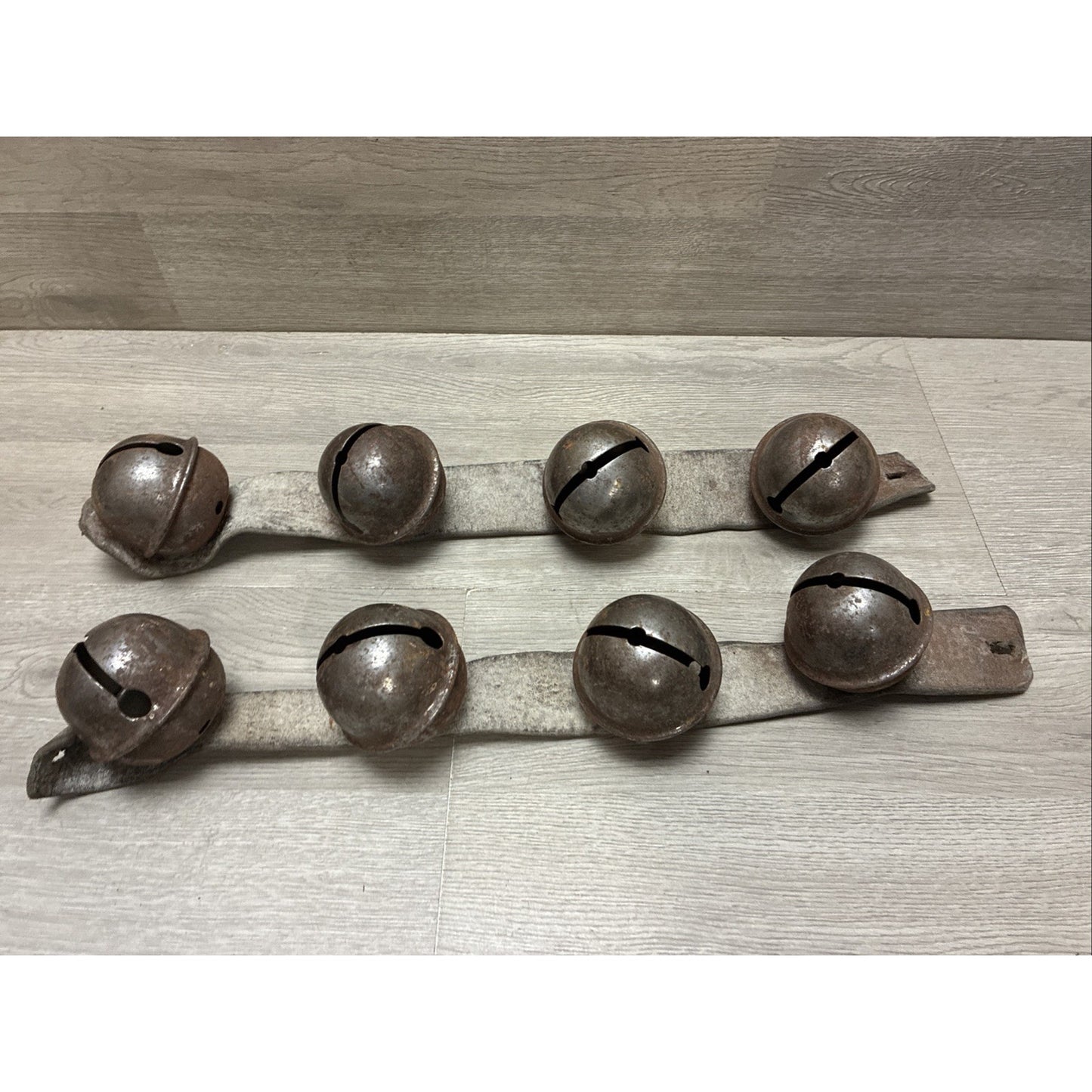 (8) Antique Sleigh Bells Horse Harness Leather Rustic Christmas 2 Straps 2-2.5”