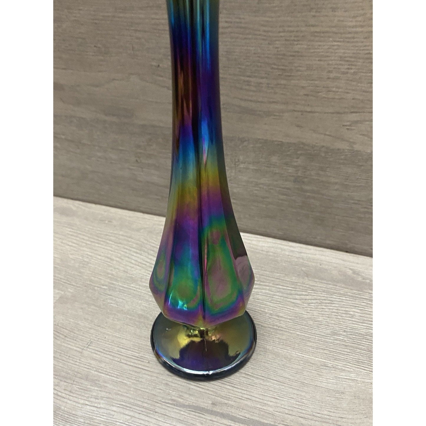 Vintage Fenton Iridescent Purple Bud Vase 8.75” Tall Embossed Logo