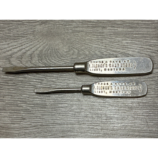 (2) VINTAGE ADVERTISING SCREWDRIVER F. BLOUGH'S CASH STORE LIBBY, MONT.