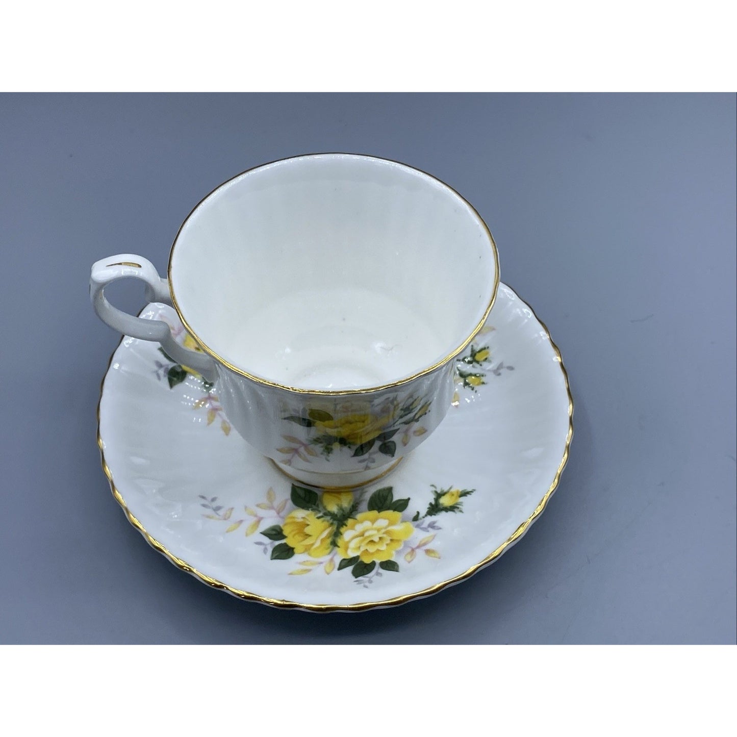 Vintage ROYAL WINDSOR Yellow Rose Teacup Saucer Gold Rimmed