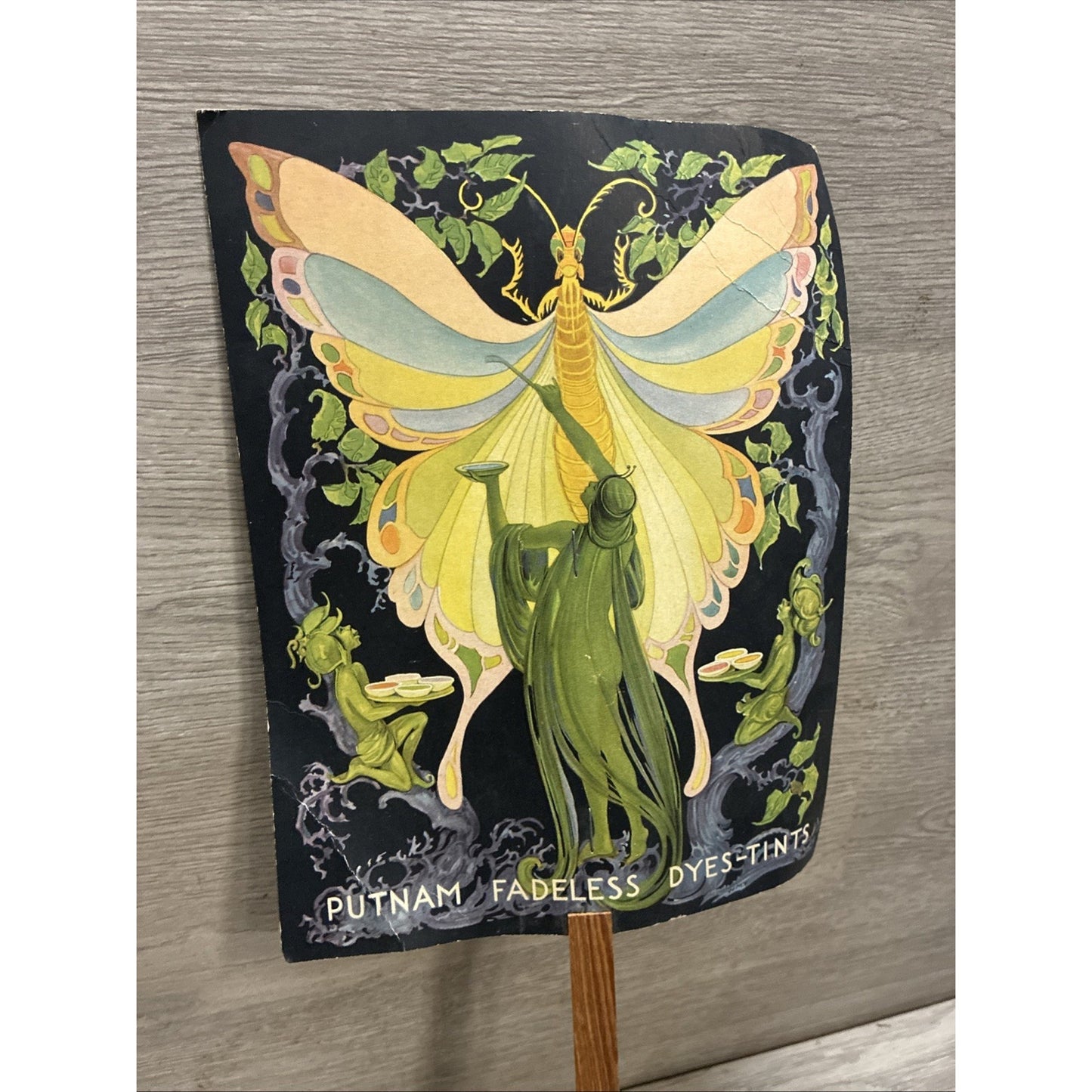 Rare Vintage Putnam Dyes Advertising Fan Art Nouveau Garden Fairies