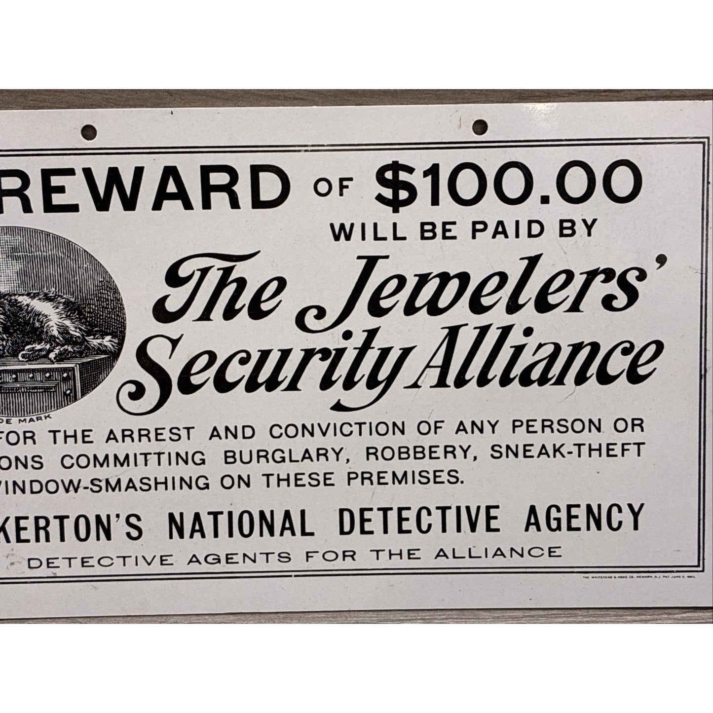 PINKERTON'S DETECTIVE AGENCY JEWLERS' SECURITY ALLIANCE HANGING SIGN W/ DOG