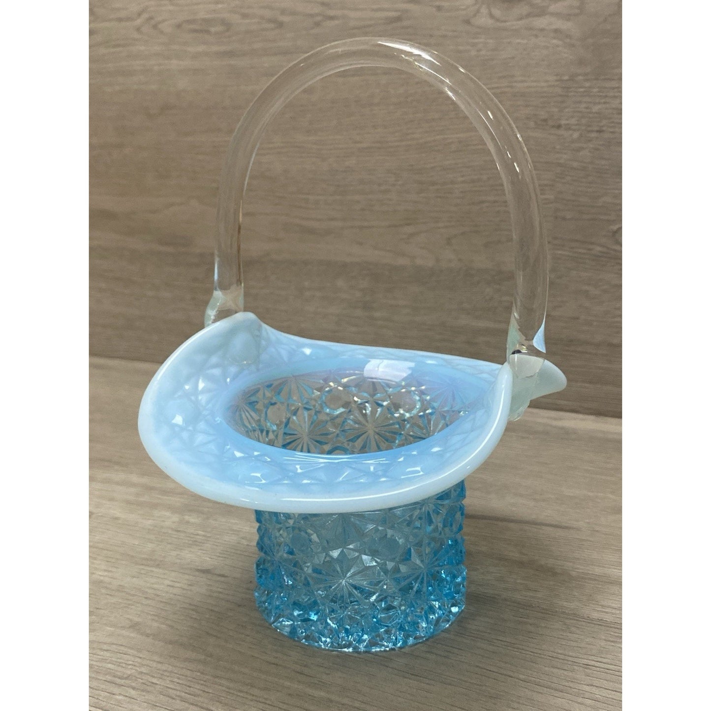 Fenton Aqua Blue Opalescent Daisy And Button Glass Handle Basket Blue Top Hat