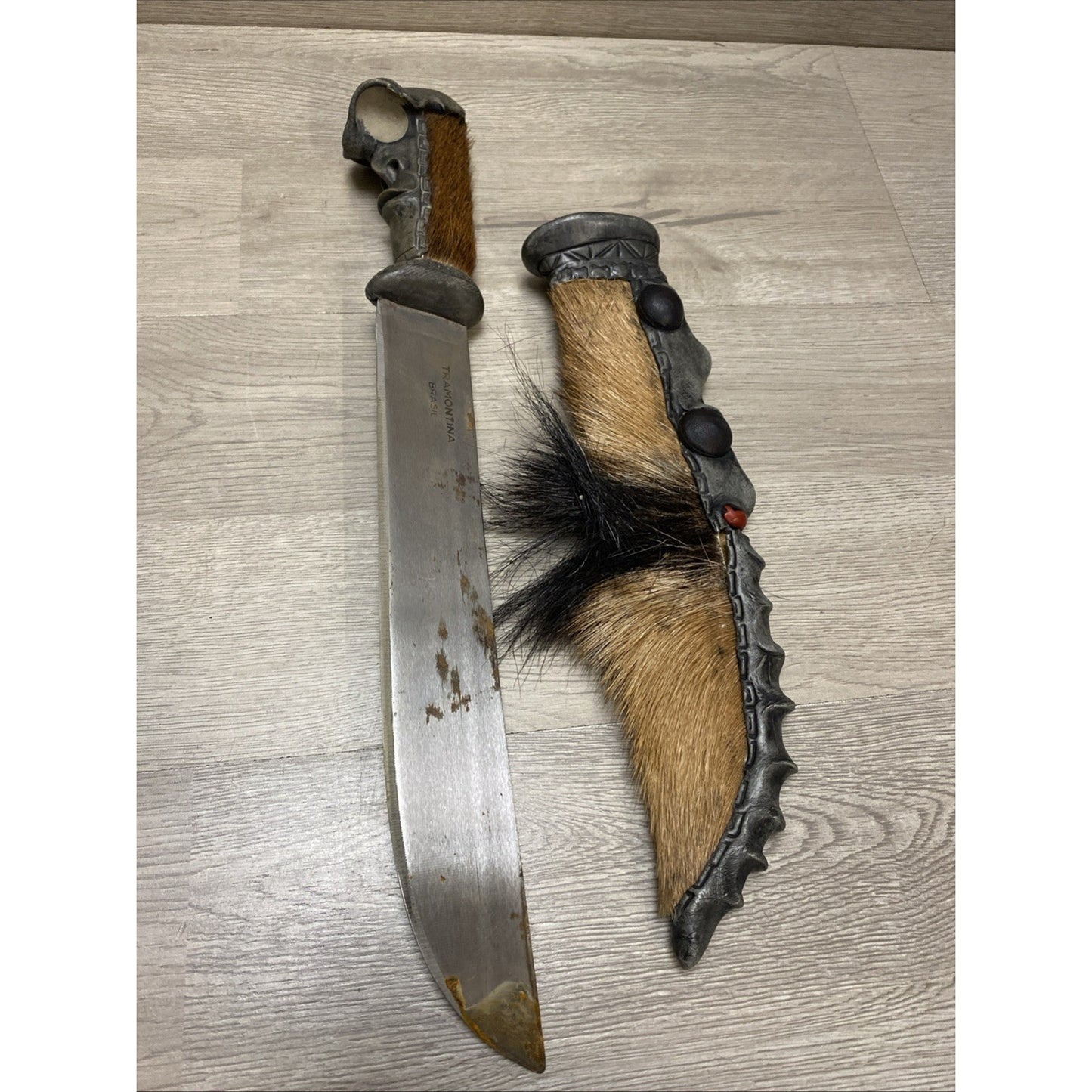 TRAMONTINA KNIFE W/ SHEATH BRASIL TRIBAL HUNTING HORN HAND-MADE CARVED 17”