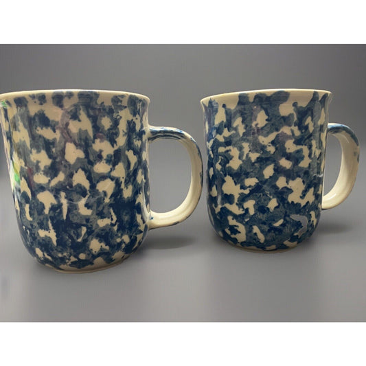 Blue Sponge Coffee Cup Mug Set of 2 Folk Craft Hearts By Tienshan Stoneware