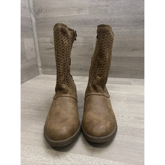 Blowfish Booties Size 7 Tan w Brown Straps & Side Zip Heels Comfort Souls
