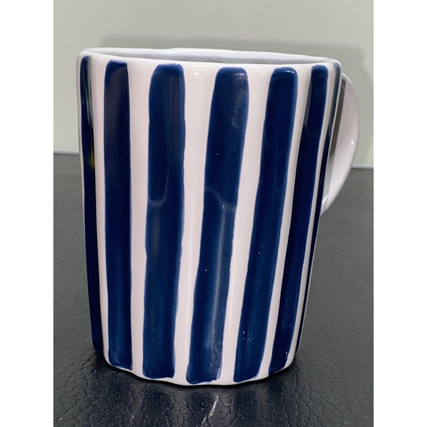 Starbucks Coffee Mug 2008 Blue White Hand Painted Ribbed Striped 12 oz Stripes