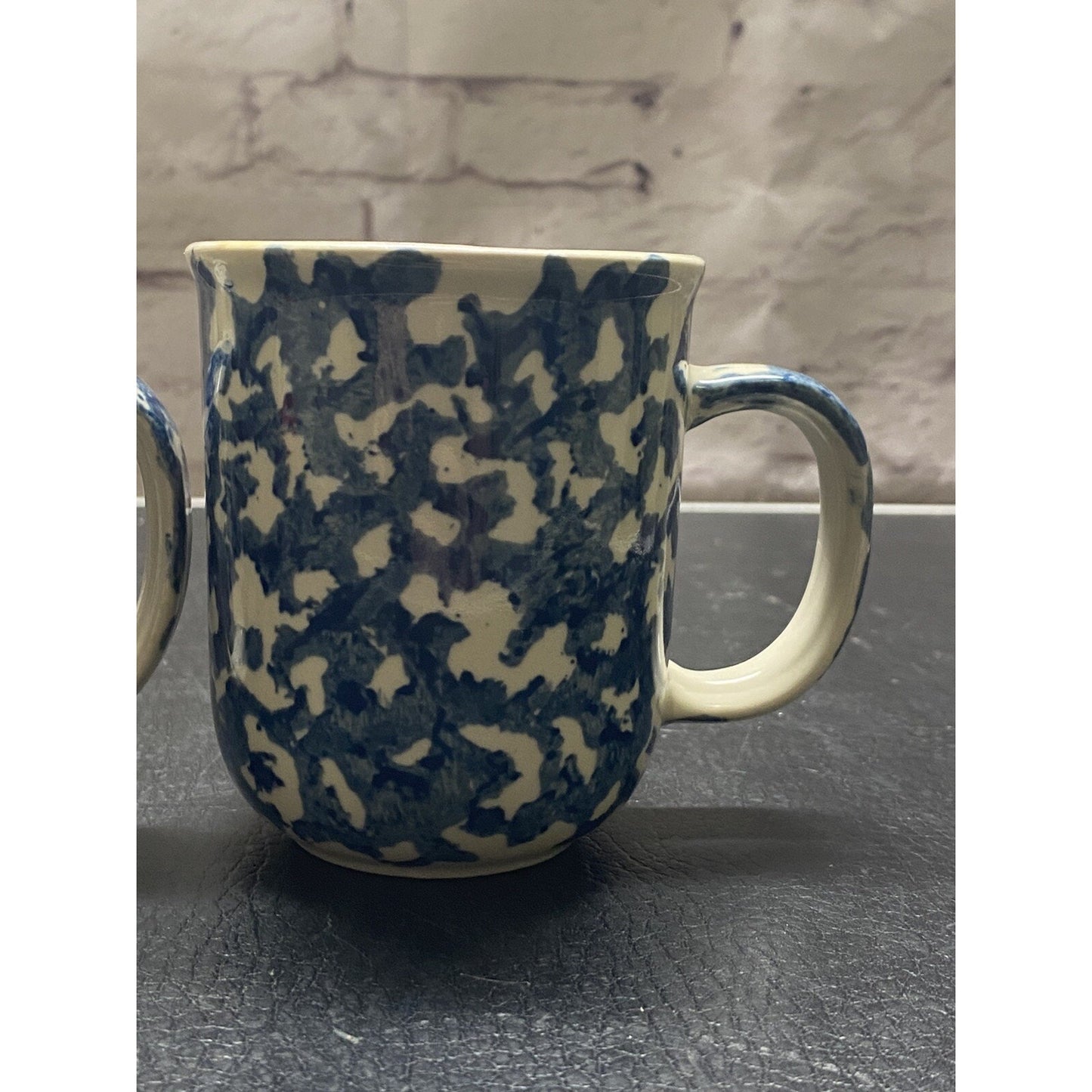 Blue Sponge Coffee Cup Mug Set of 2 Folk Craft Hearts By Tienshan Stoneware