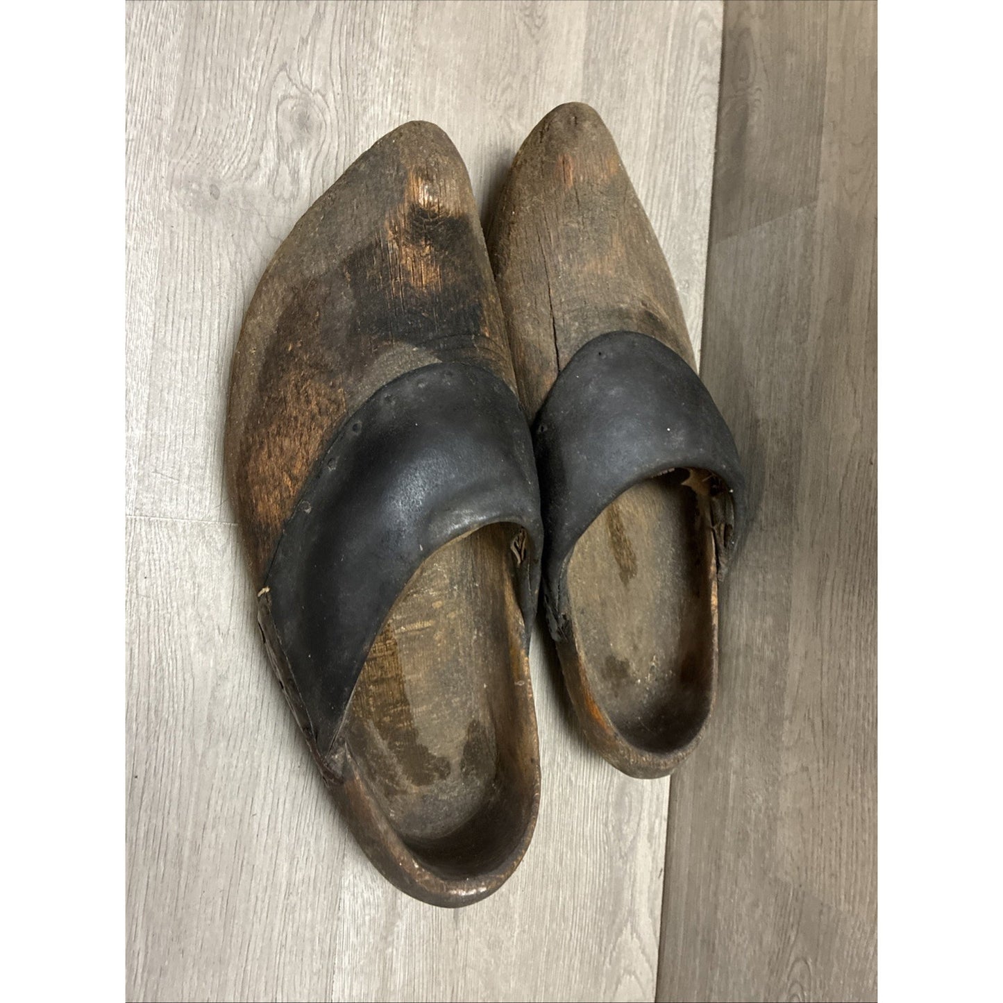 Antique Dutch Or German Wooden Clogs Shoes with Leather & Straw