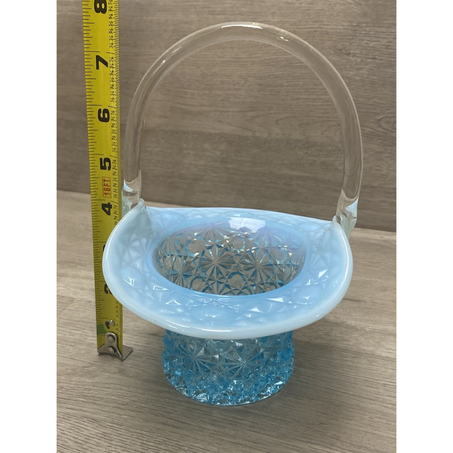 Fenton Aqua Blue Opalescent Daisy And Button Glass Handle Basket Blue Top Hat