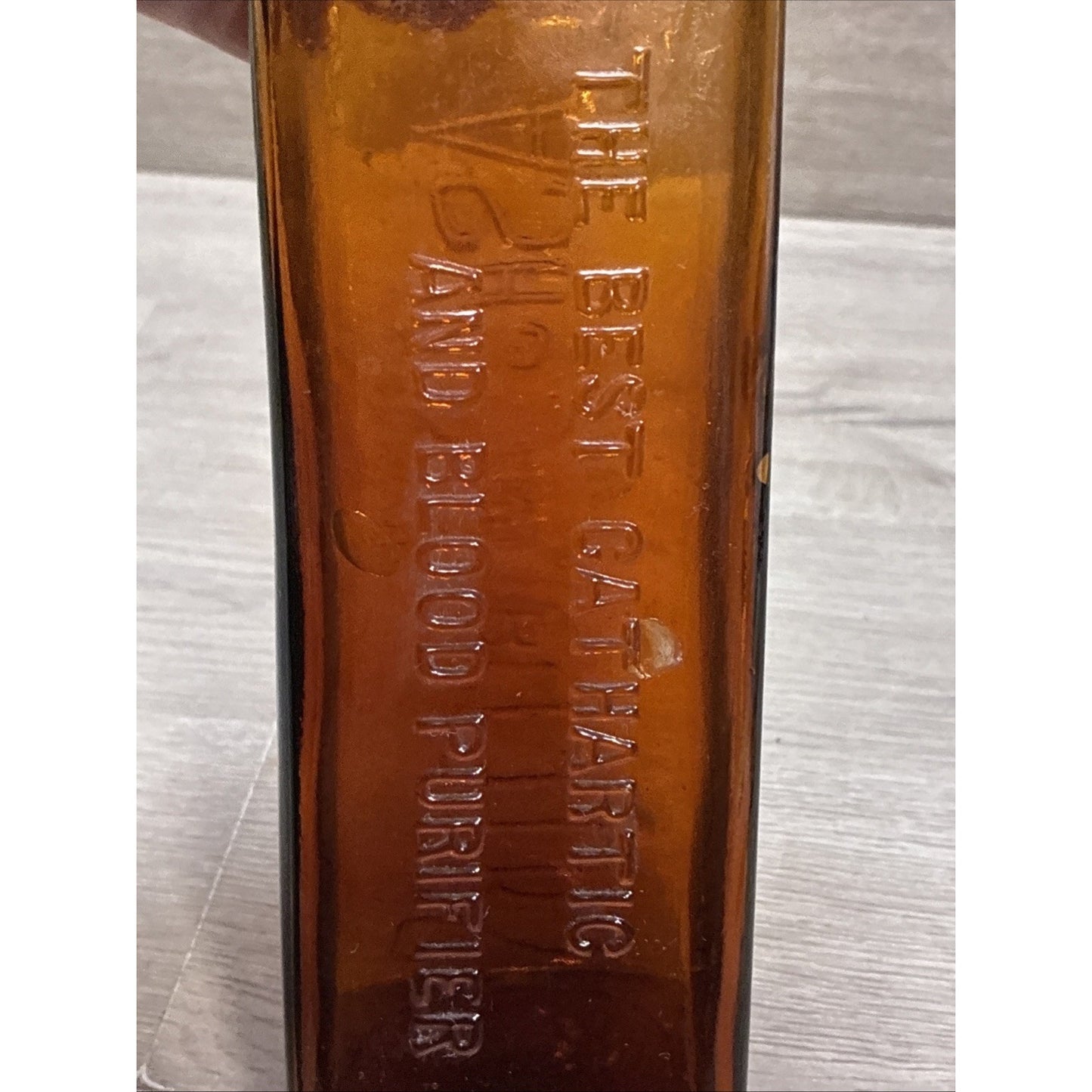 ANTIQUE LASH'S KIDNEY AND LIVER BITTERS CATHARTIC AMBER GLASS EMBOSSED BOTTLE 9”