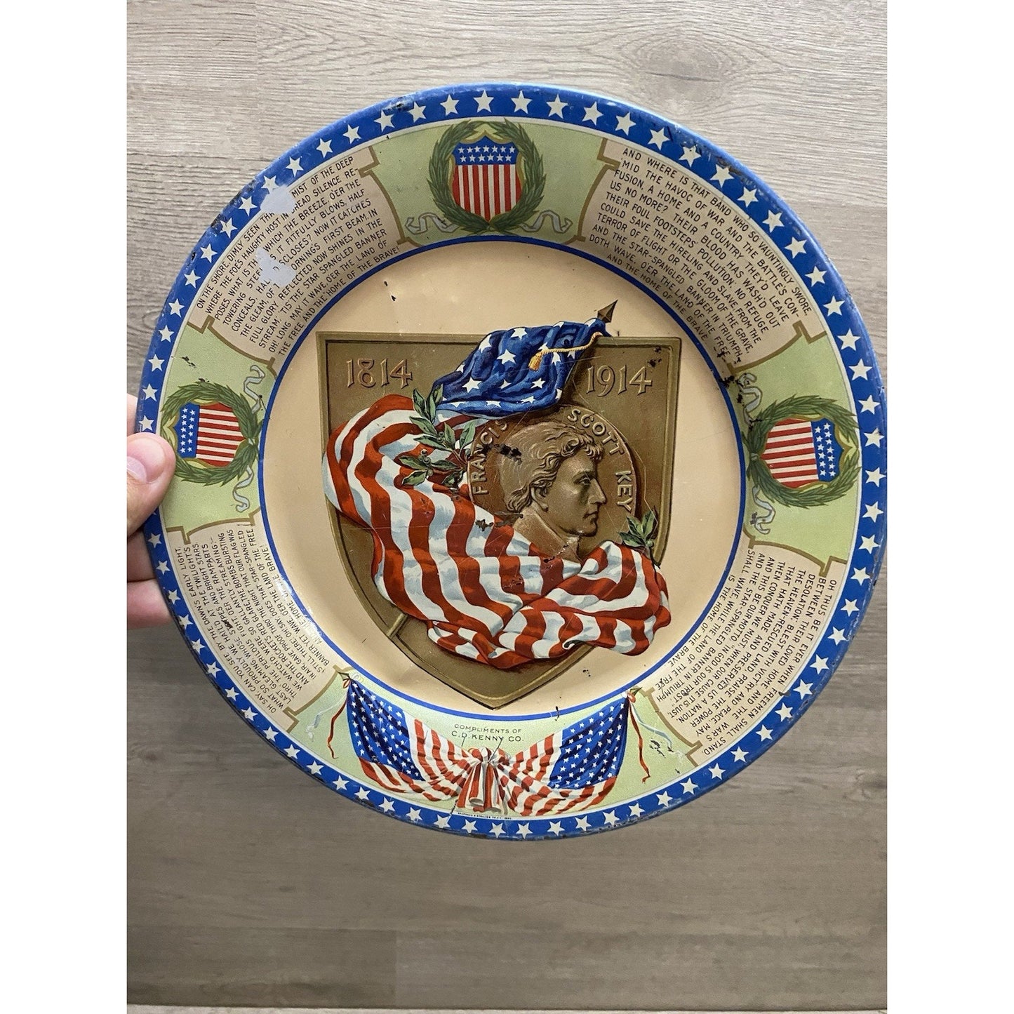 Antique Francis Scott Key Flag CD Kenny Coffee Tea Advertising Tin Litho Plate