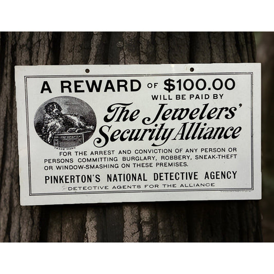 PINKERTON'S DETECTIVE AGENCY JEWLERS' SECURITY ALLIANCE HANGING SIGN W/ DOG