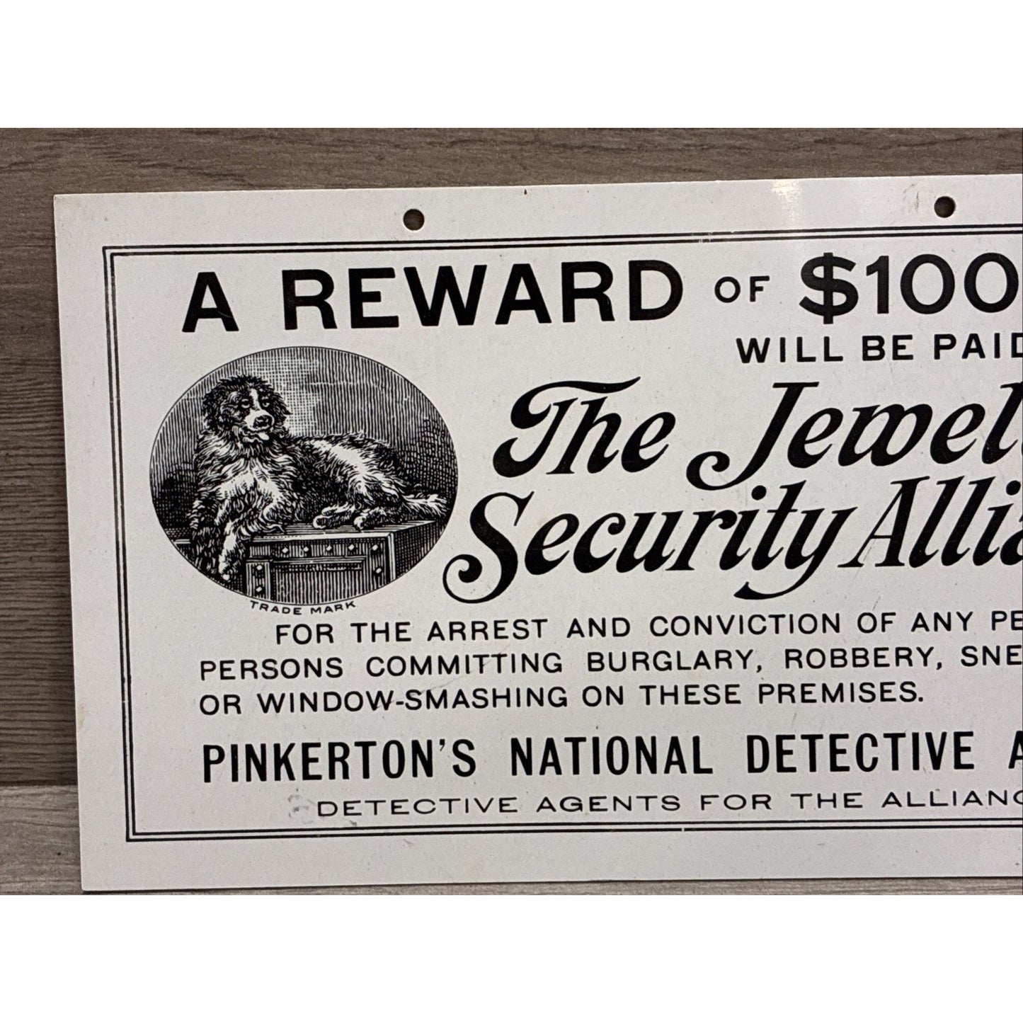 PINKERTON'S DETECTIVE AGENCY JEWLERS' SECURITY ALLIANCE HANGING SIGN W/ DOG