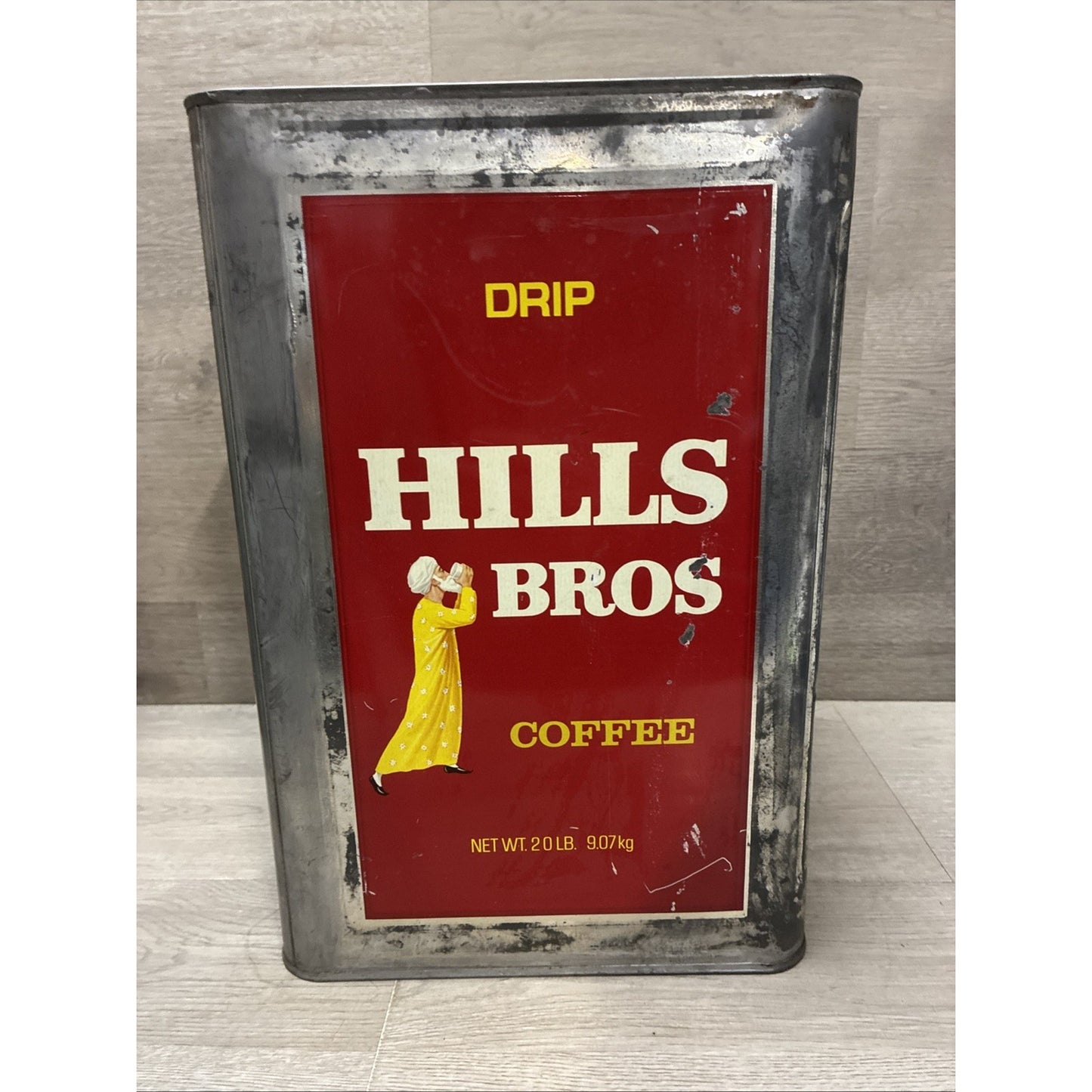 Vintage Coffee Tin HILLS BROS 20 Pounds Large With Lid 14" x 9" x 9"