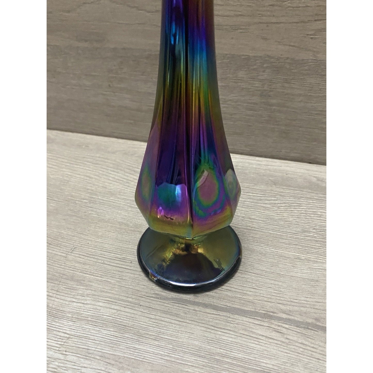 Vintage Fenton Iridescent Purple Bud Vase 8.75” Tall Embossed Logo