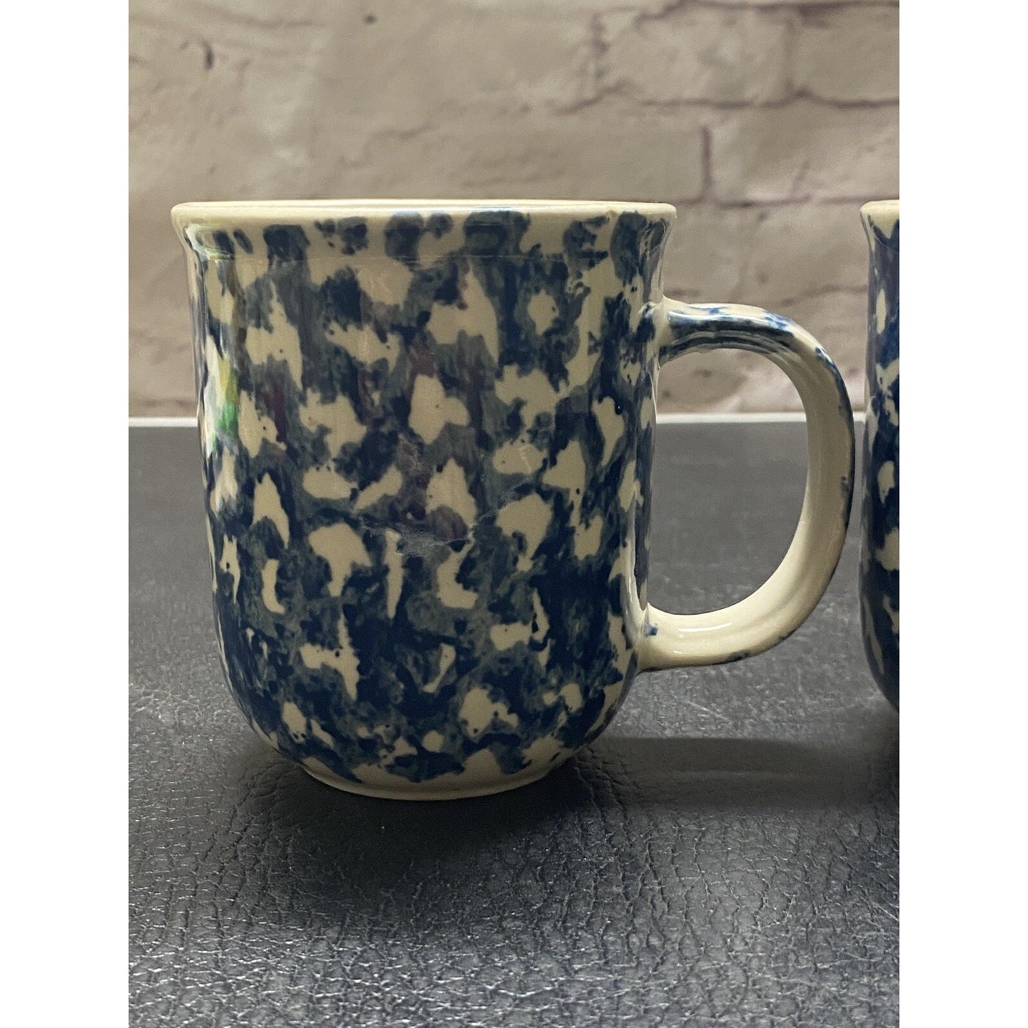 Blue Sponge Coffee Cup Mug Set of 2 Folk Craft Hearts By Tienshan Stoneware