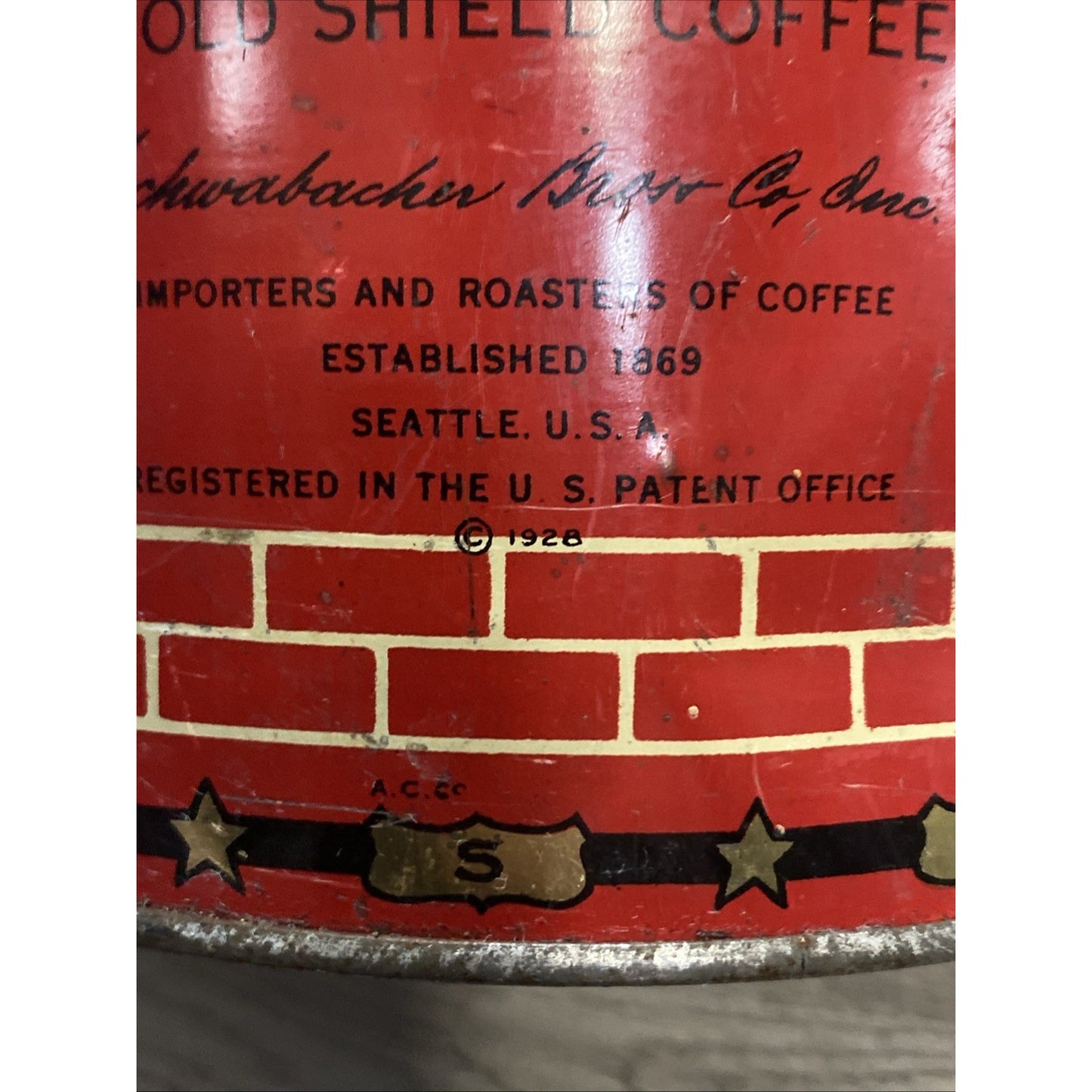 SEATTLE 1928 GOLD SHIELD COFFEE LARGE 5 POUND TIN Advertising