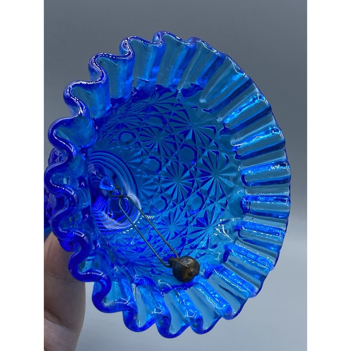 Fenton Glass Blue Daisy and Button Ruffle Edge & Ribbed Handle Vintage Bell