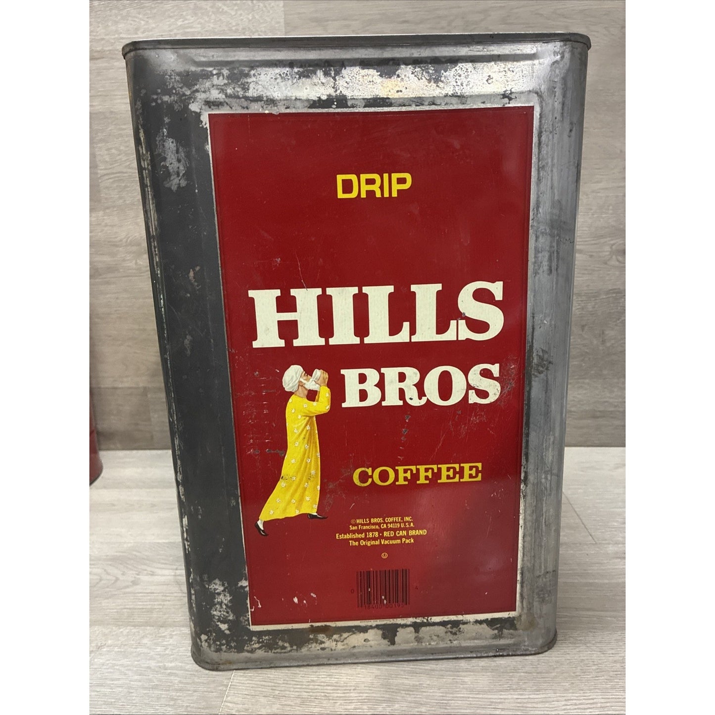 Vintage Coffee Tin HILLS BROS 20 Pounds Large With Lid 14" x 9" x 9"