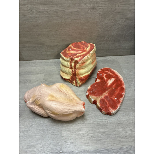 (3) Vintage Butcher Shop Chalkware Meat Display Chicken Steaks Realistic Decor