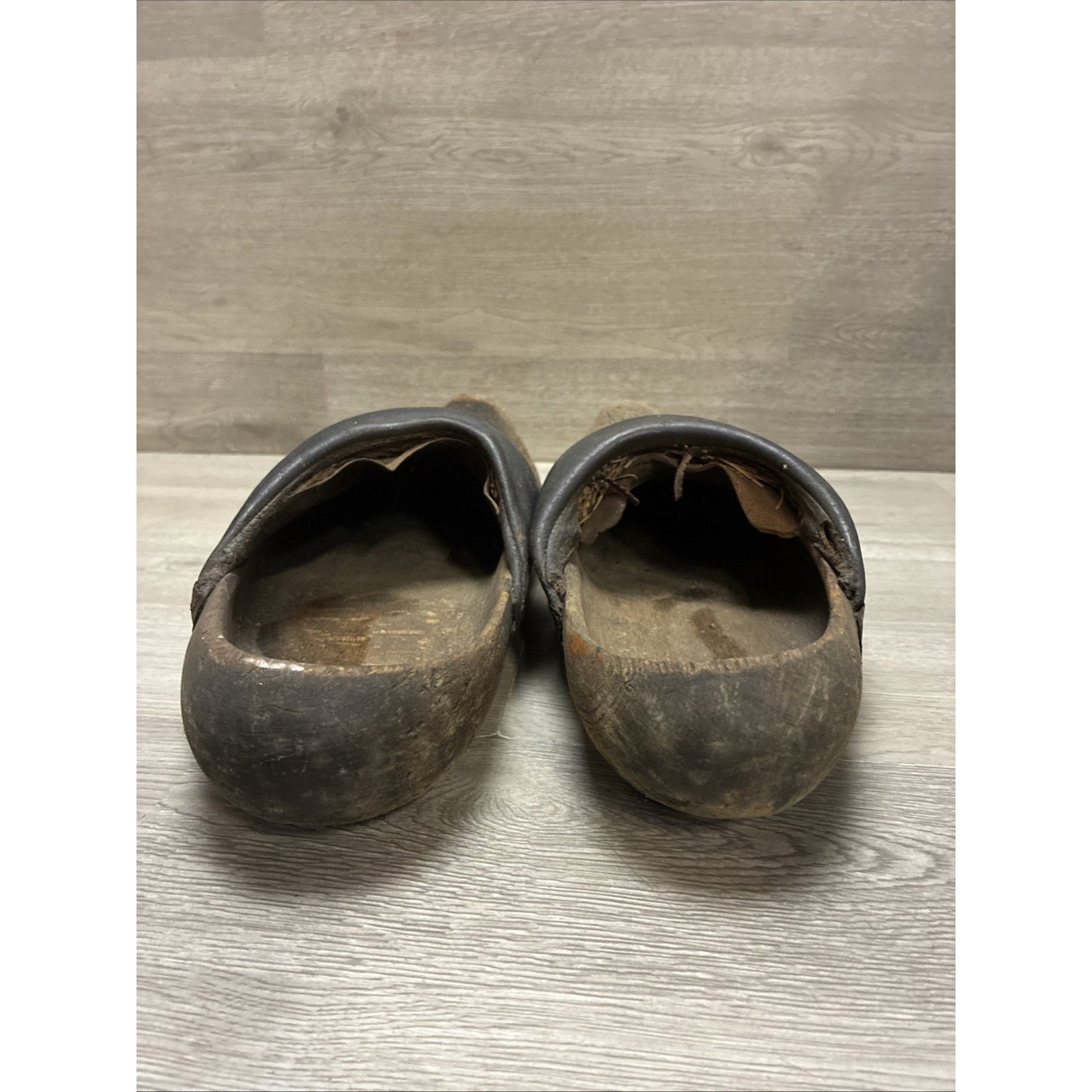 Antique Dutch Or German Wooden Clogs Shoes with Leather & Straw