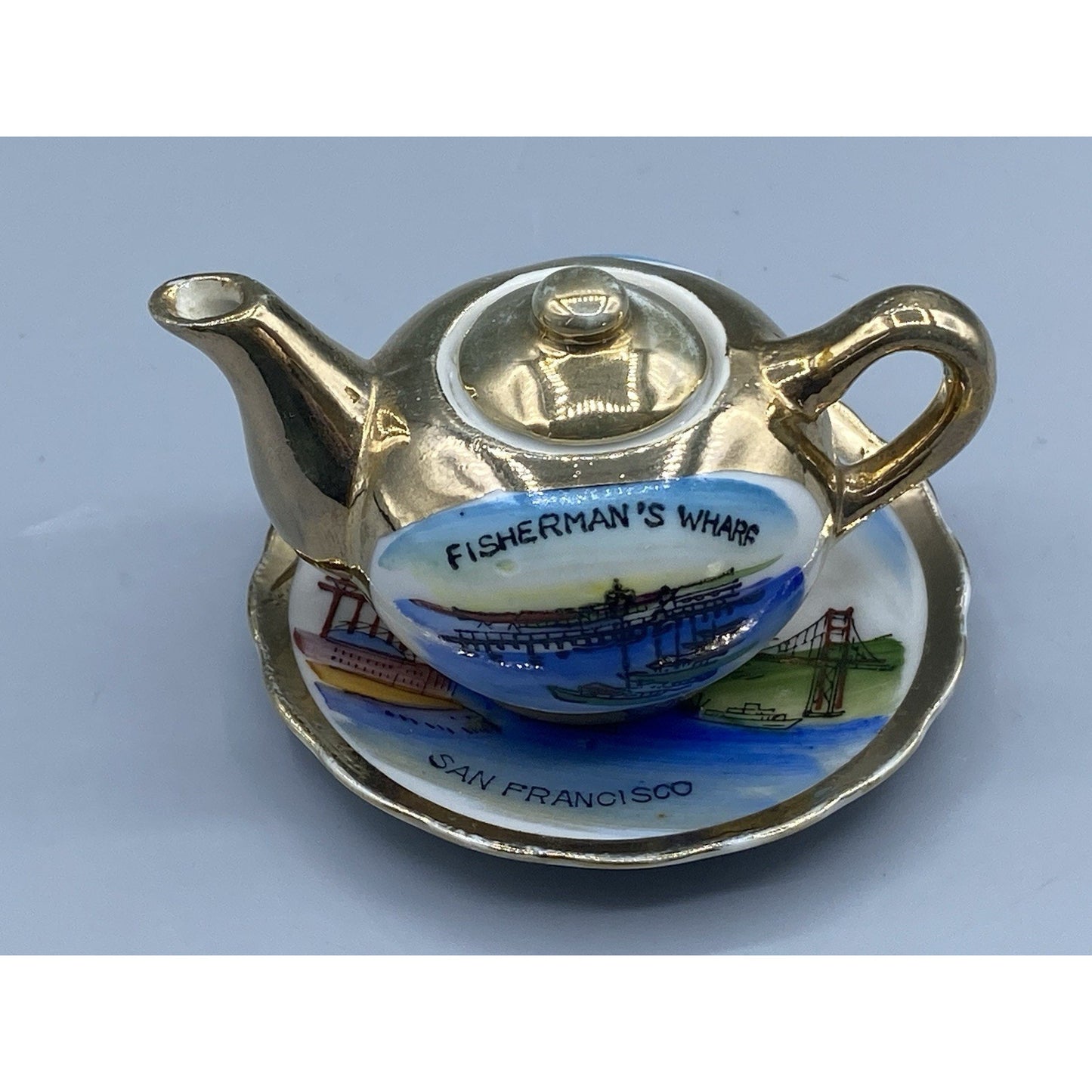 Fisherman's Wharf Teacup Saucer San Francisco Bridge Souvenir Miniature Teaset