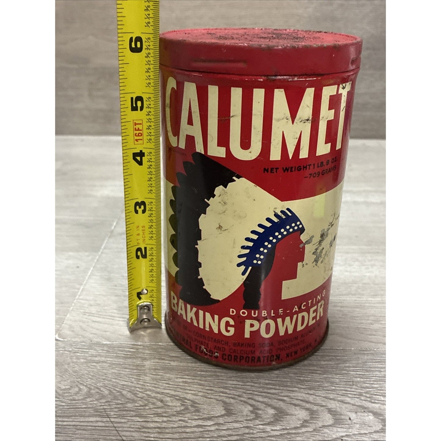 Calumet Baking Powder Tin (1 LB 9OZ ) w/Red Lid VINTAGE 1950’s General Foods