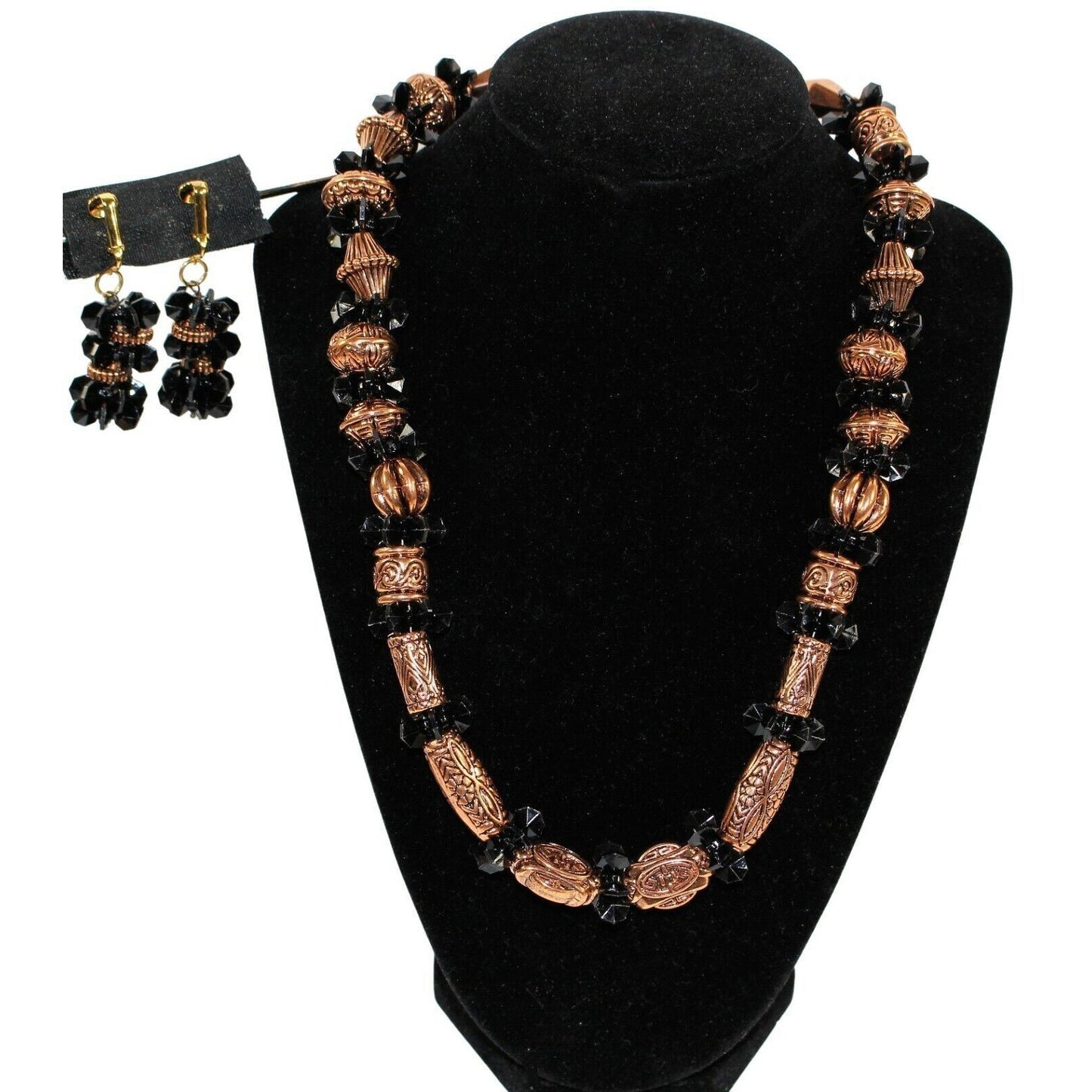 Statement Necklace & Earrings Set 19" Black Beads Bronze Designs Chunky Handmade