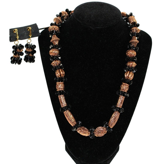 Statement Necklace & Earrings Set 19" Black Beads Bronze Designs Chunky Handmade