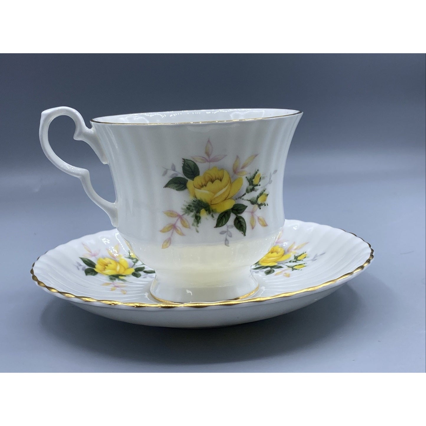 Vintage ROYAL WINDSOR Yellow Rose Teacup Saucer Gold Rimmed