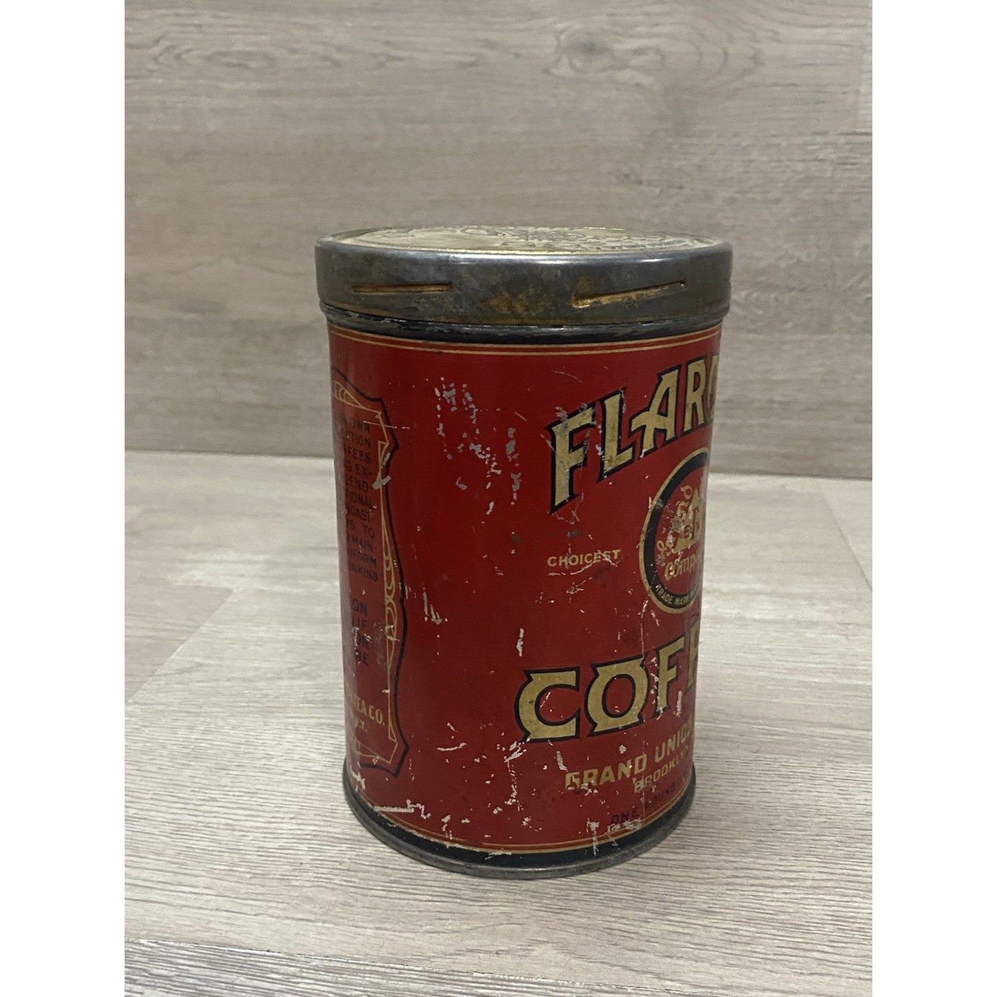 VINTAGE FLAROMA BRAND COFFEE TIN CAN 1 LB., GRAND UNION TEA CO., BROOKLYN, NY