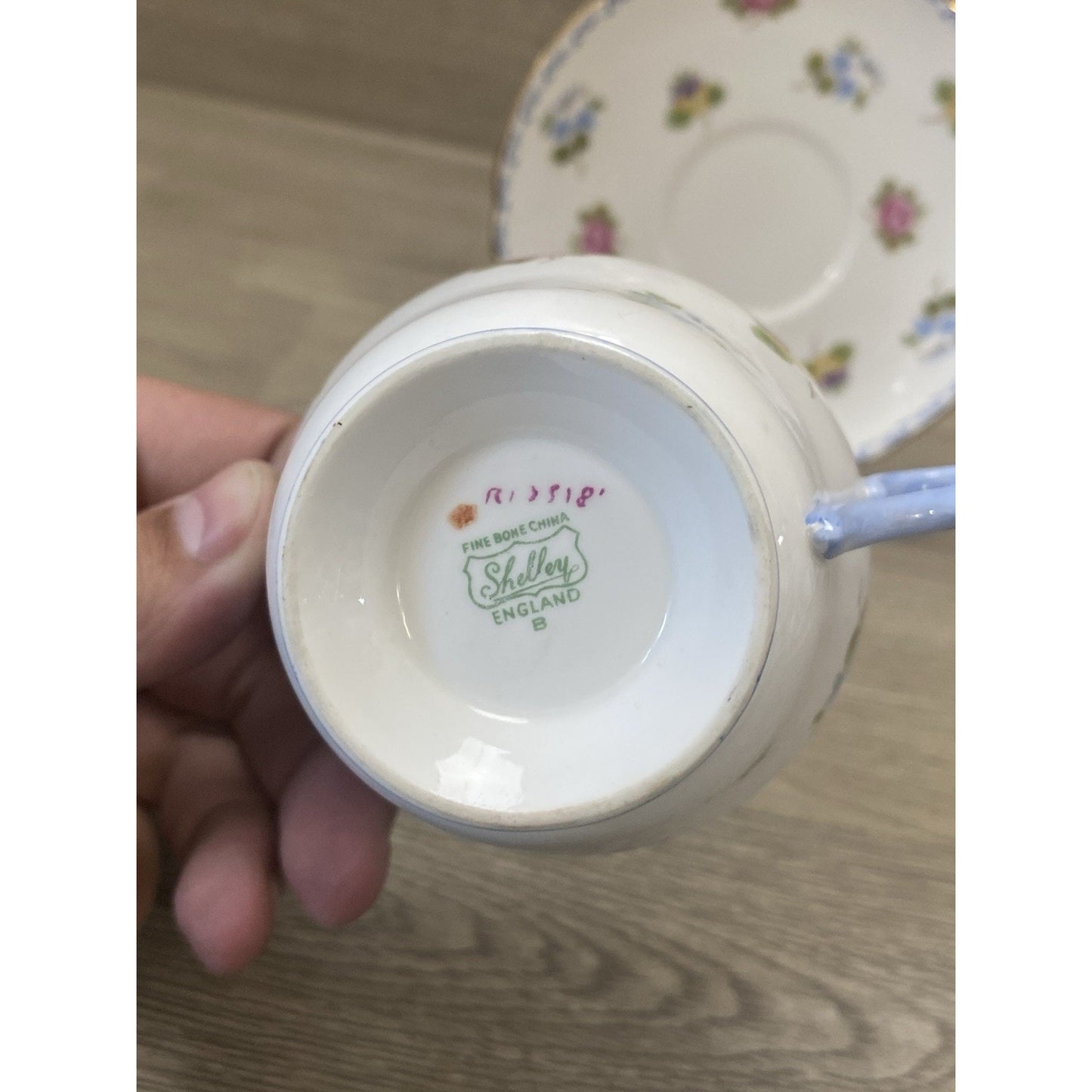 Shelley Fine Bone China Teacup Saucer Blue Forget-Me-Nots Roses Pansies England
