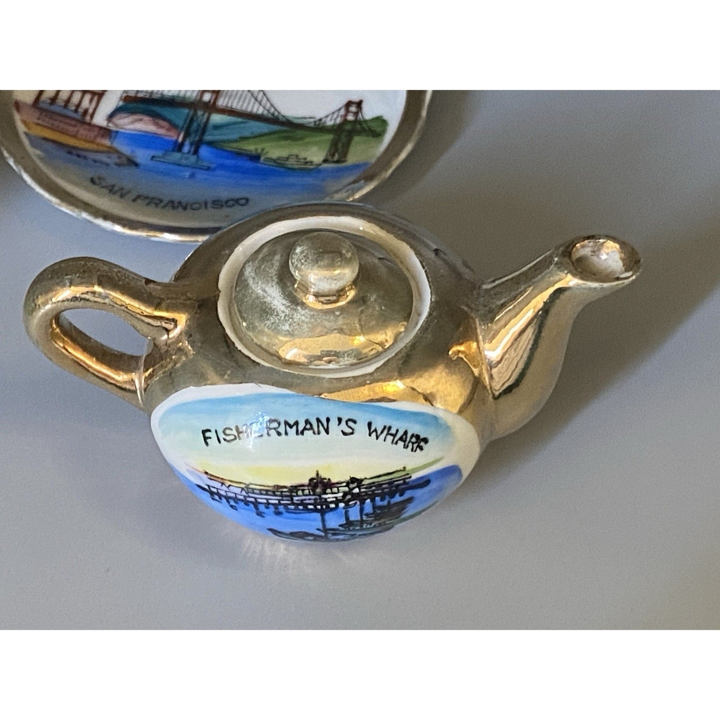 Fisherman's Wharf Teacup Saucer San Francisco Bridge Souvenir Miniature Teaset