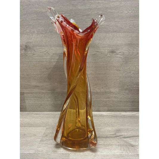 MCM Art Glass Swung Amber Red Swirl Free Form Vase 12.25”