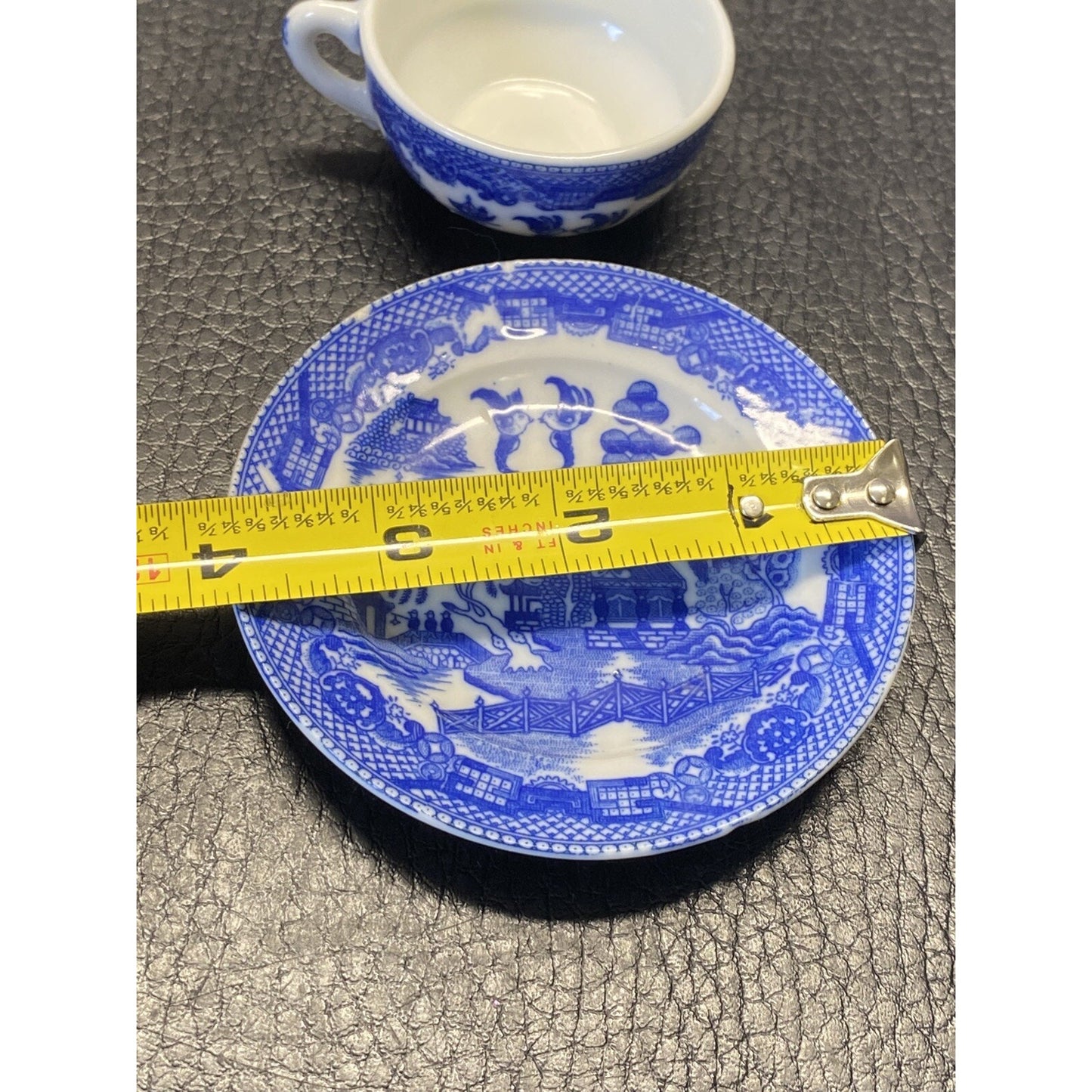 Vintage Blue Willow Flow Blue Miniature Teacup & Saucer Set
