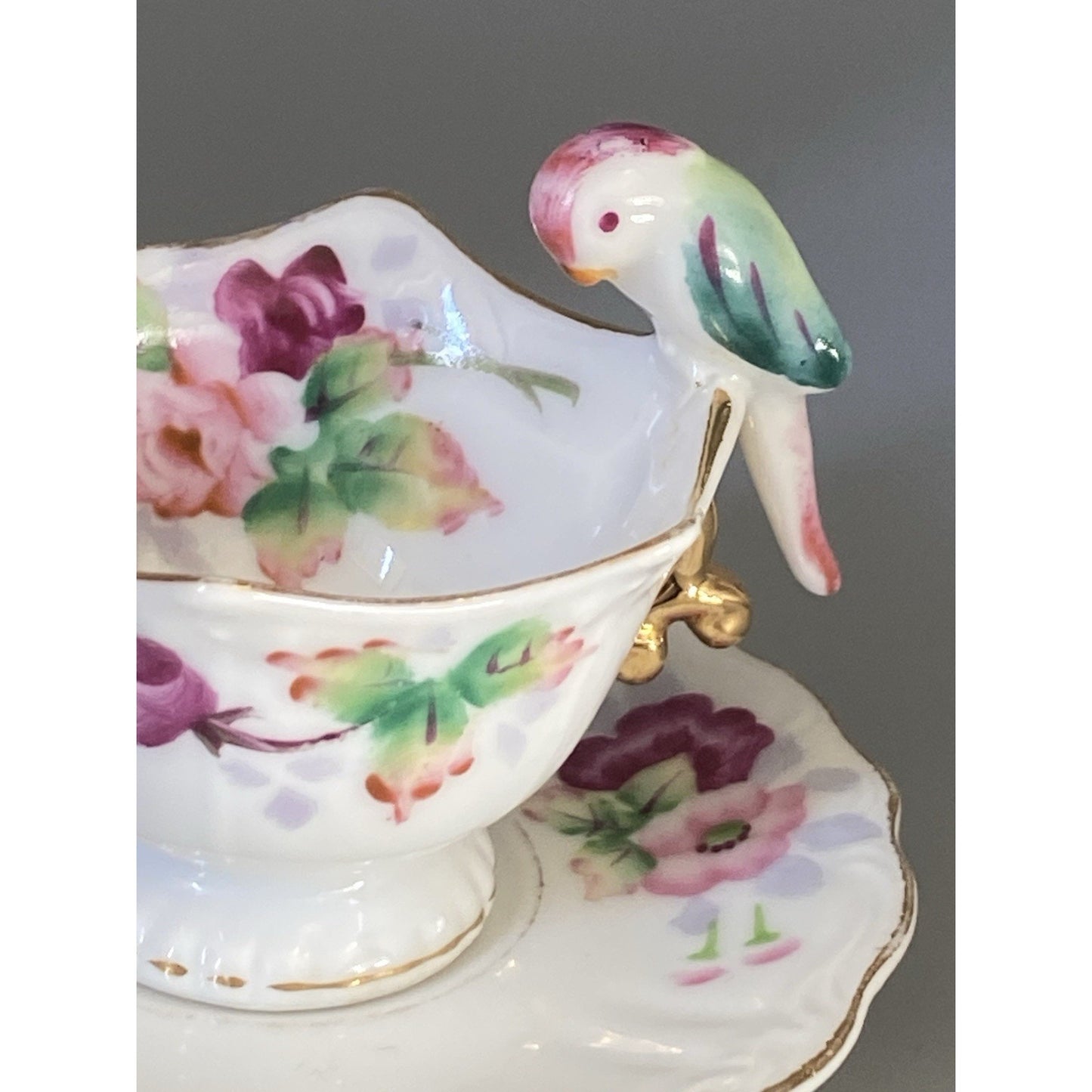 Japanese Marked Miniature Teacup & Saucer W/ Bird On Rim Floral