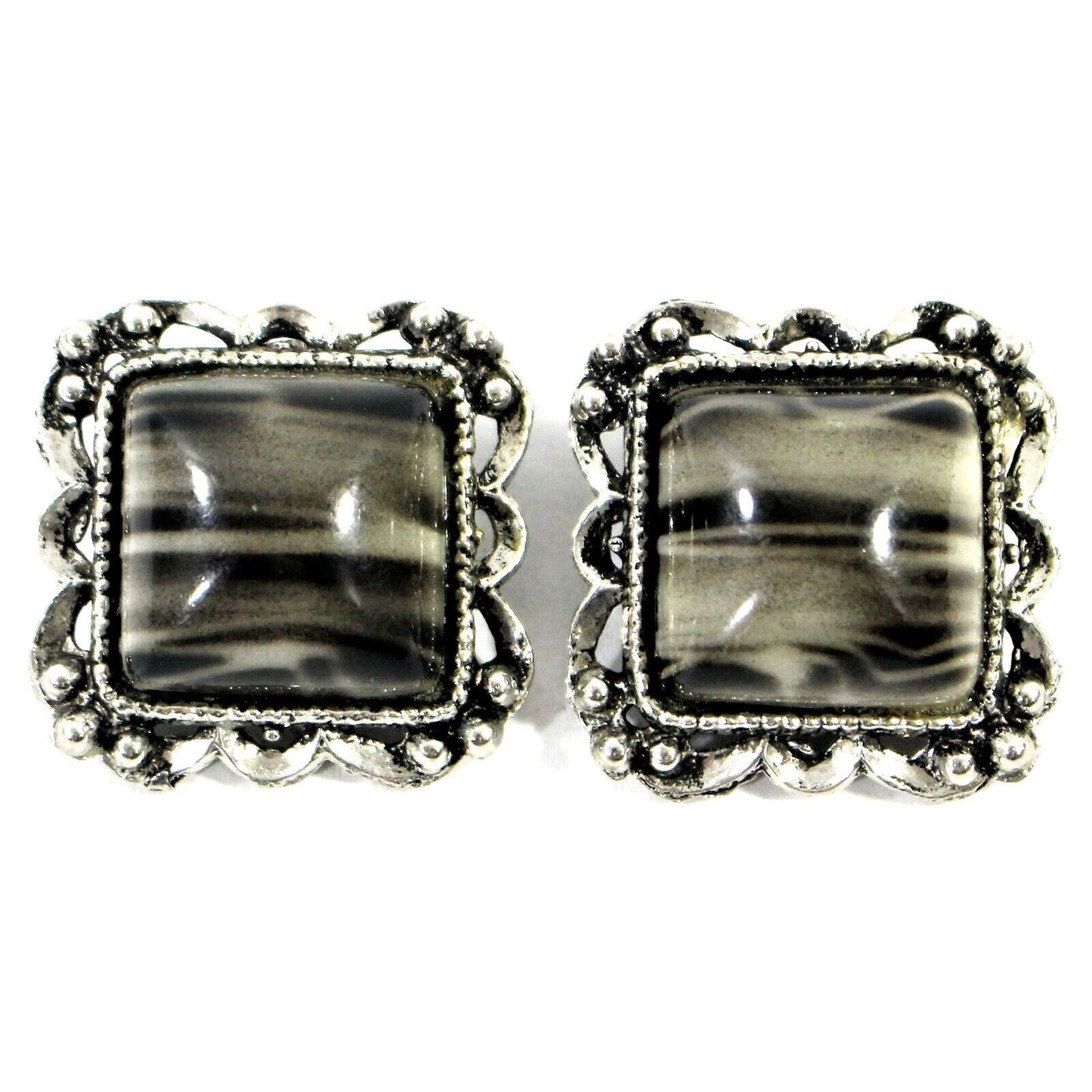 Vintage Clip-On Earrings Silver Tone & Grey Square Retro Statement 1.25" x 1.25"