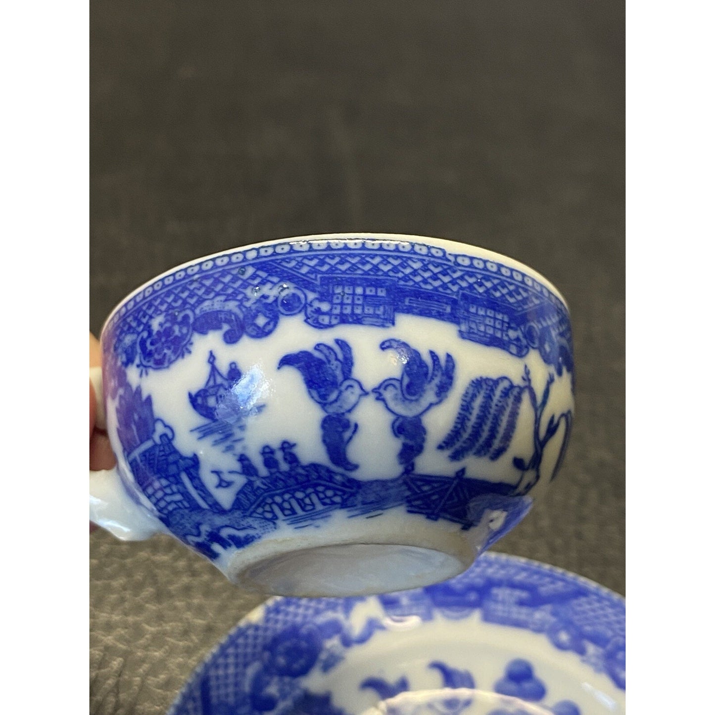 Vintage Blue Willow Flow Blue Miniature Teacup & Saucer Set