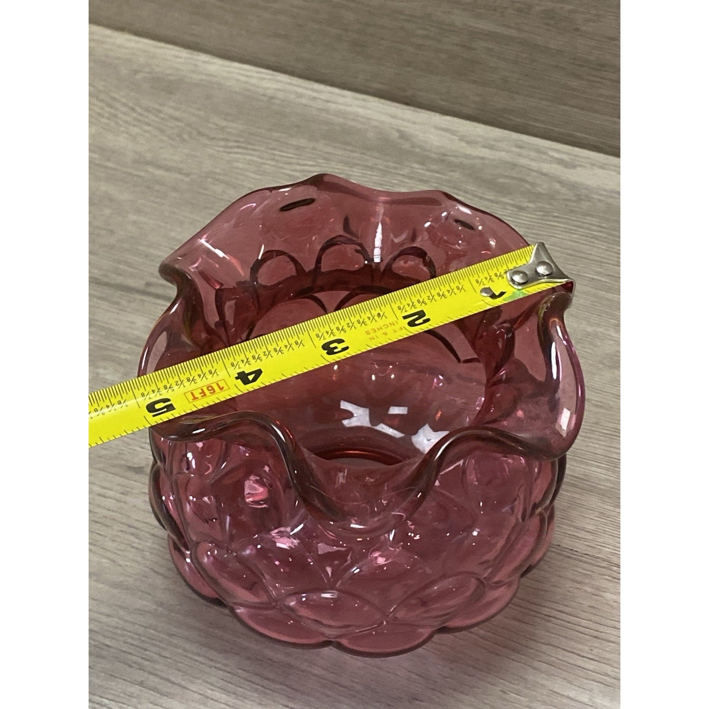 Fenton Cranberry Pink Glass Rose Bowl Vase w/ Poppy Flowers
