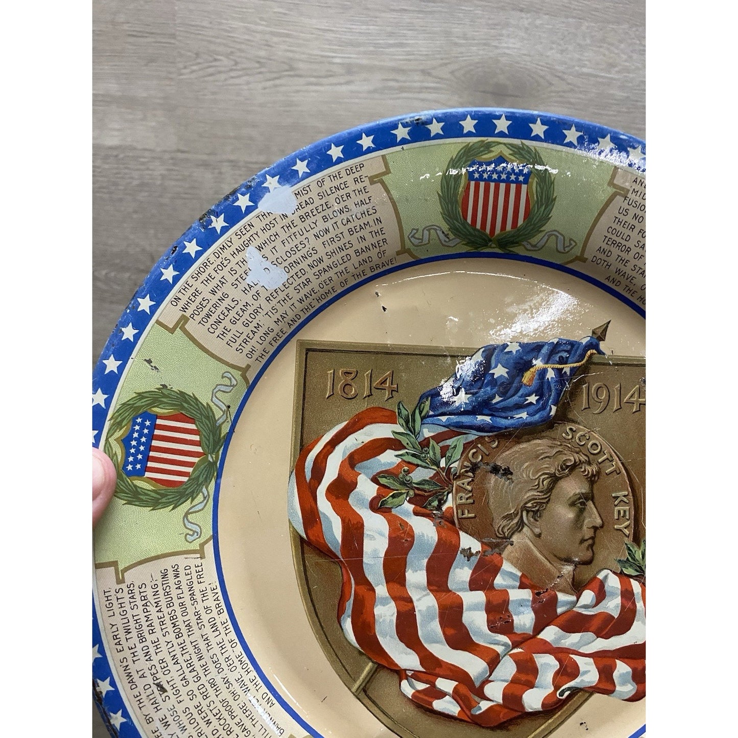 Antique Francis Scott Key Flag CD Kenny Coffee Tea Advertising Tin Litho Plate