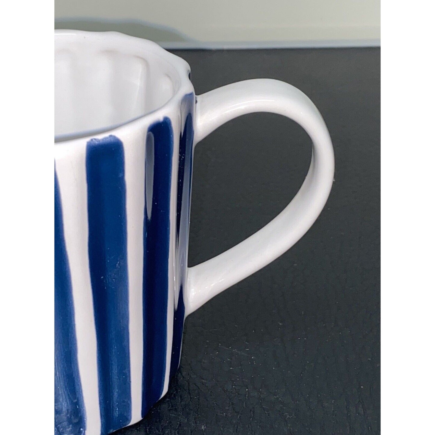 Starbucks Coffee Mug 2008 Blue White Hand Painted Ribbed Striped 12 oz Stripes