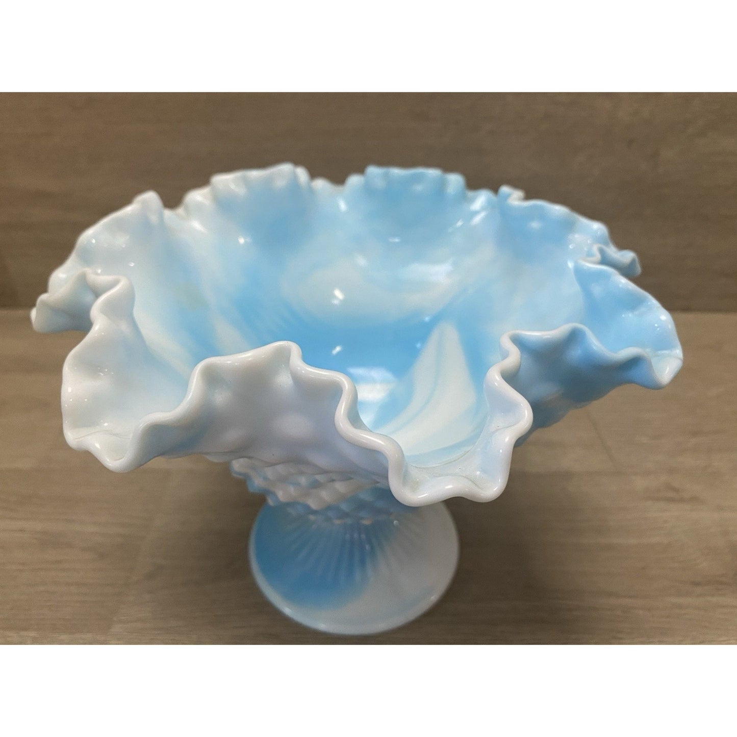 Vintage Fenton Slag Glass White & Blue Swirl Hobnail Footed Candy Dish Compote