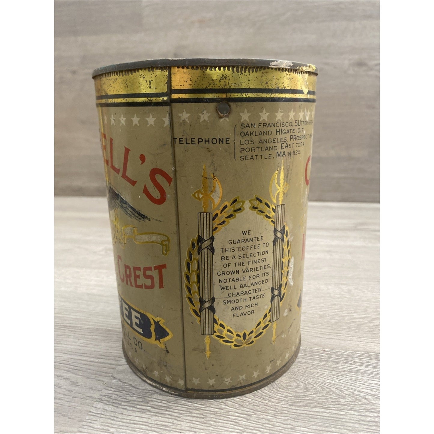 1920's CASWELLS NATIONAL CREST COFFEE TIN 2.5 LBS 7.5"