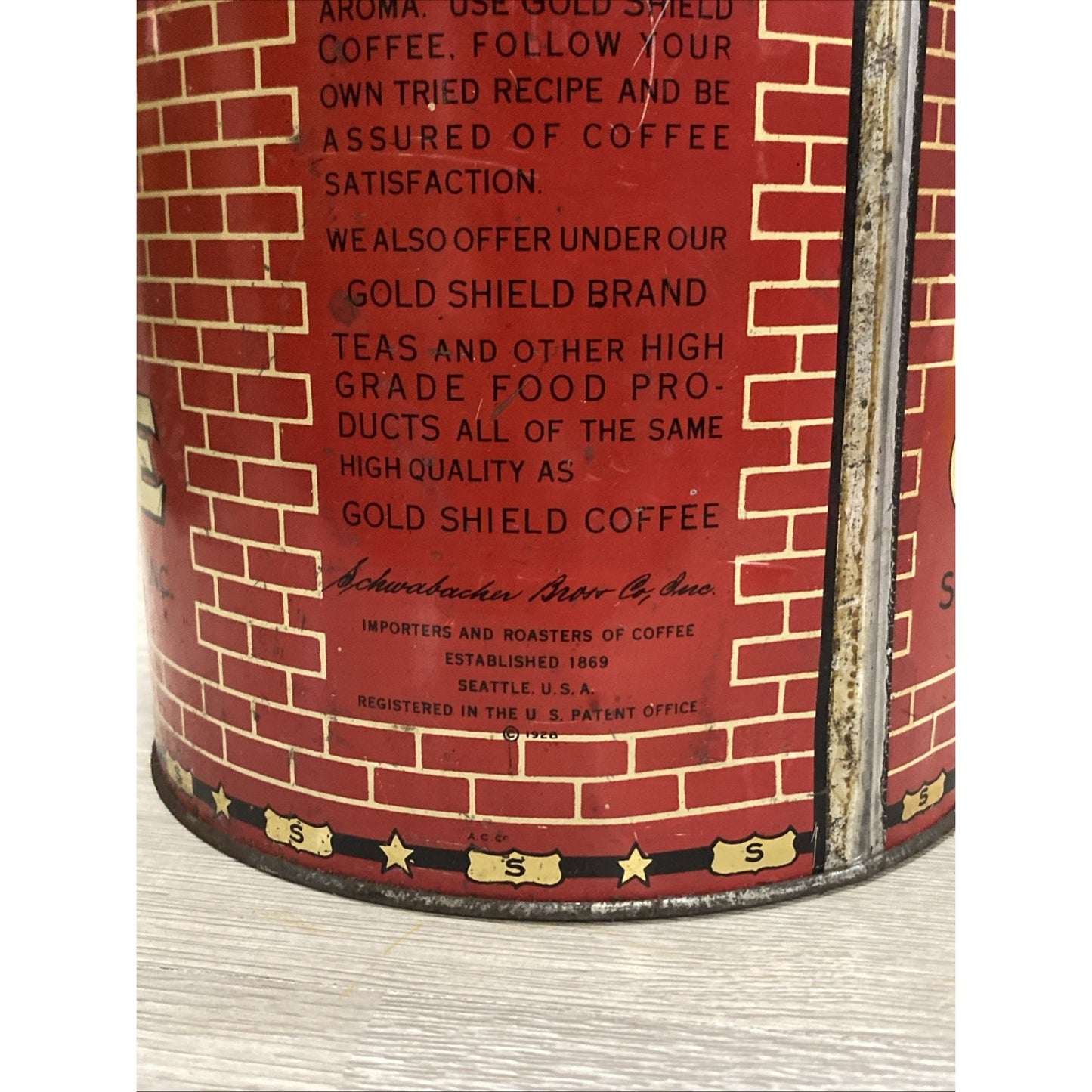 SEATTLE 1928 GOLD SHIELD COFFEE LARGE 5 POUND TIN Advertising