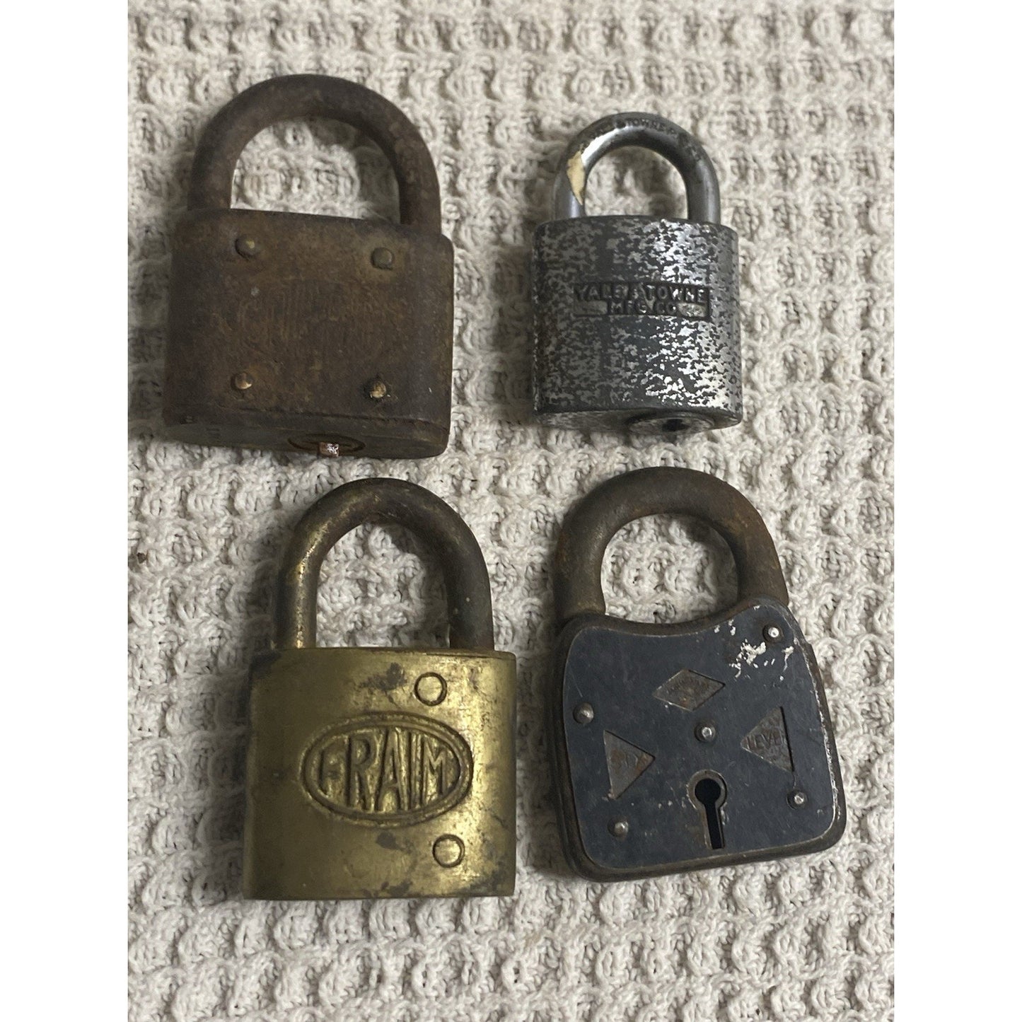 (4) Antique Locks 6 Lever, Yale, Fraim, Corbin Padlocks No Keys
