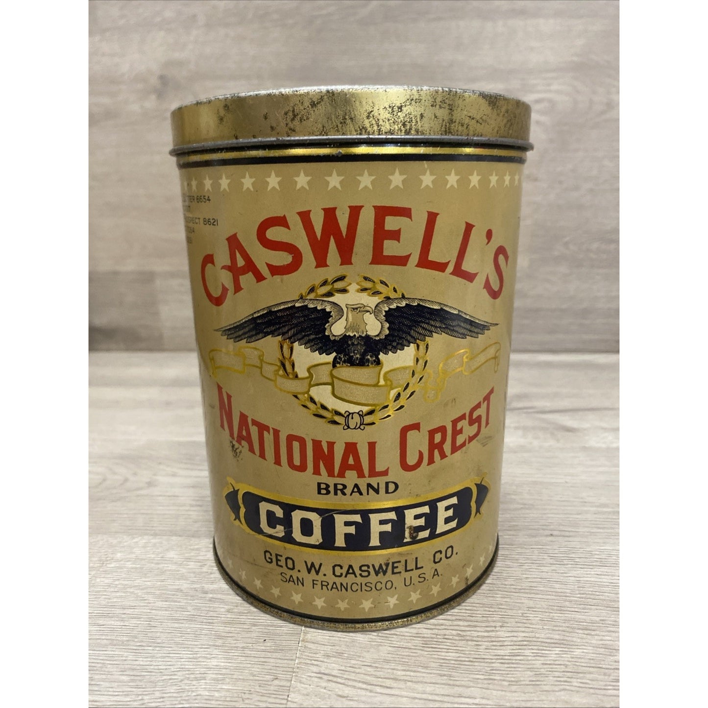 1920's CASWELLS NATIONAL CREST COFFEE TIN 2.5 LBS BEAUTIFUL CONDITION RARE 7.5"