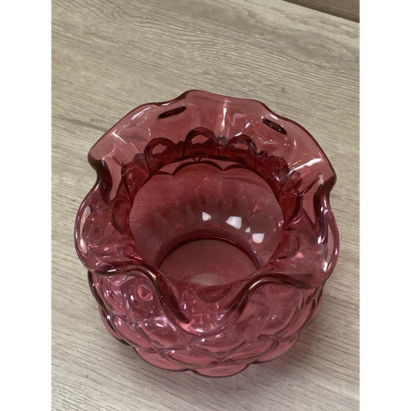 Fenton Cranberry Pink Glass Rose Bowl Vase w/ Poppy Flowers