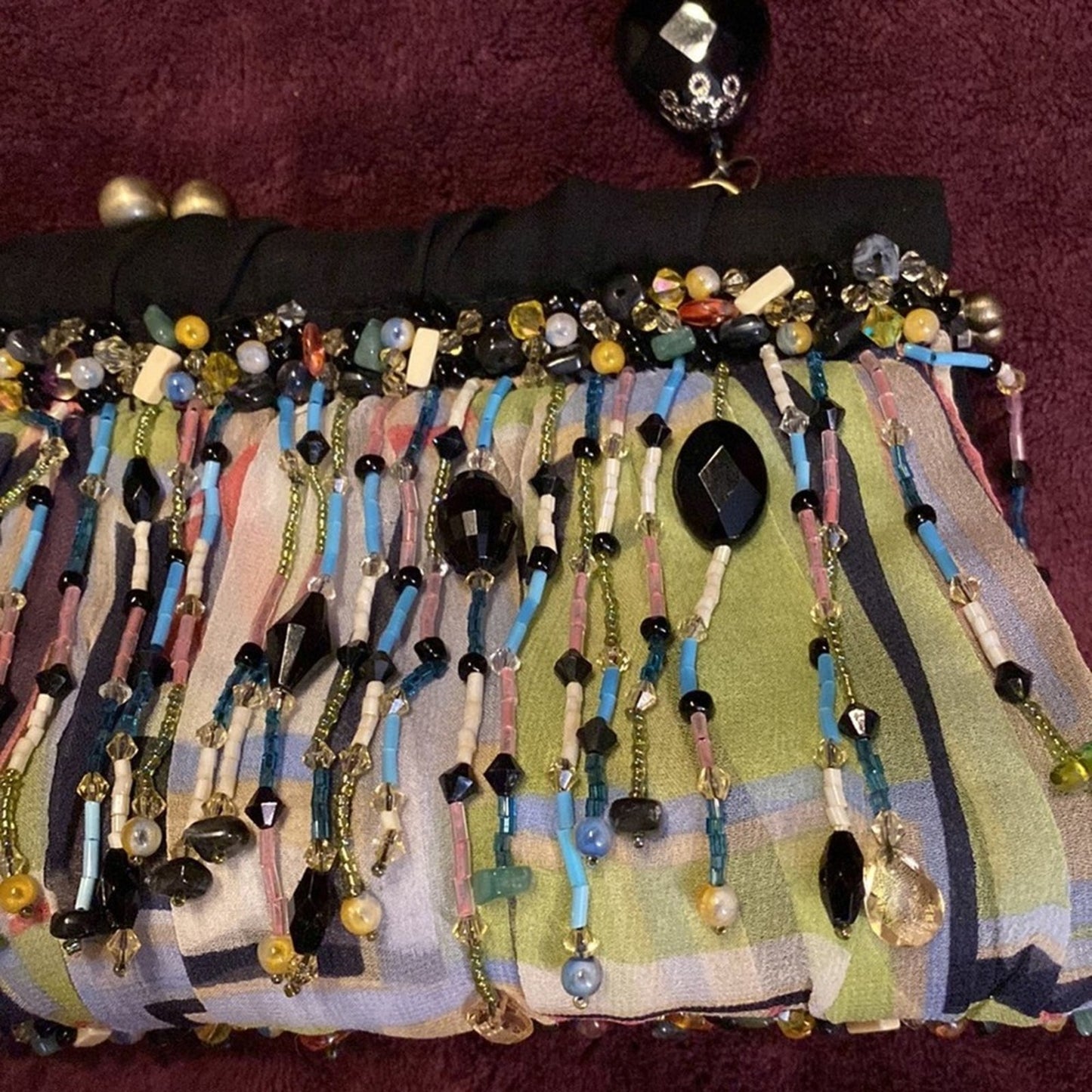 Mary Frances Multicolored Beaded Hard Case Purse with Jet Beaded Shoulder Strap