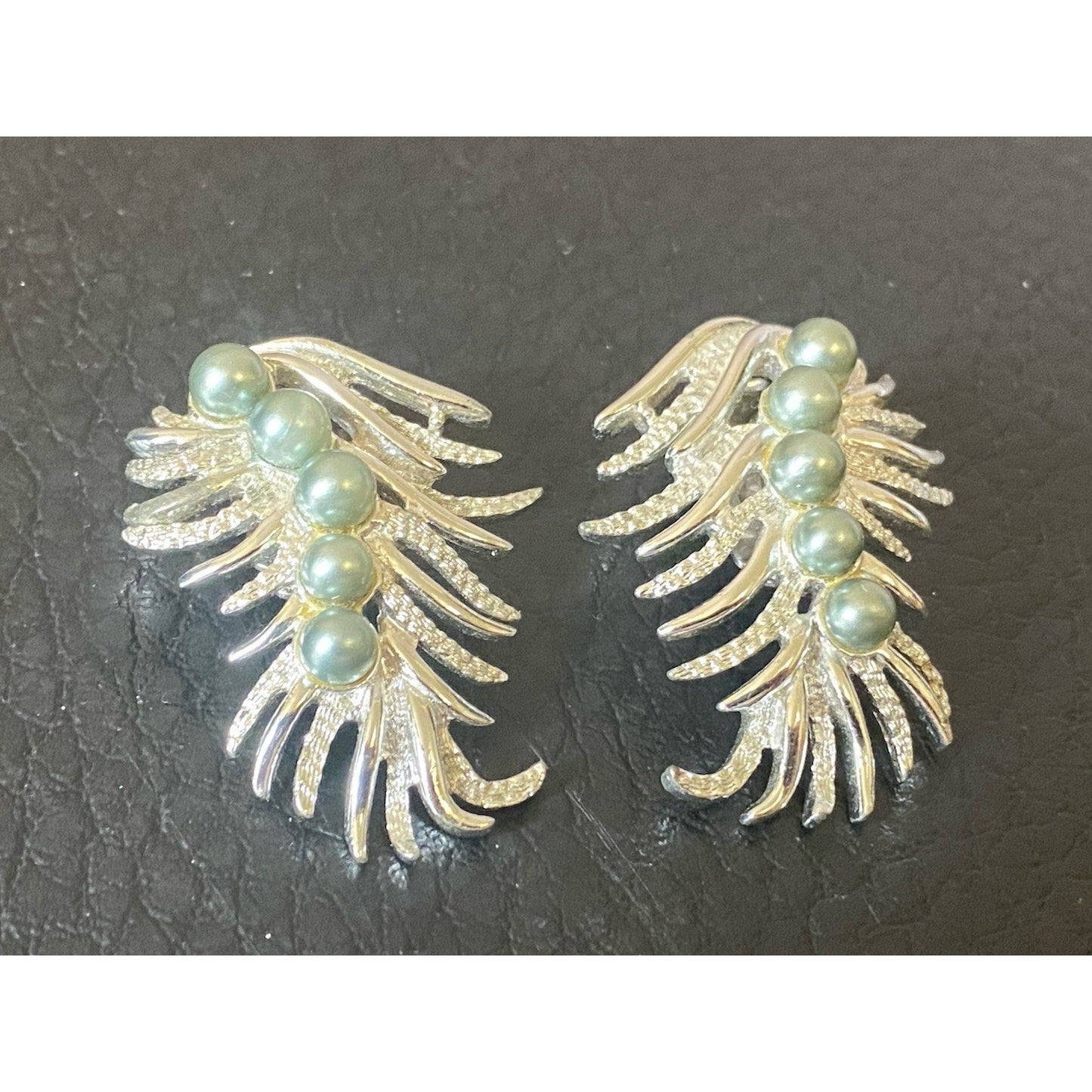 1959 Sarah Coventry "Feather Fantasy" Faux Pearl Clip On Earrings
